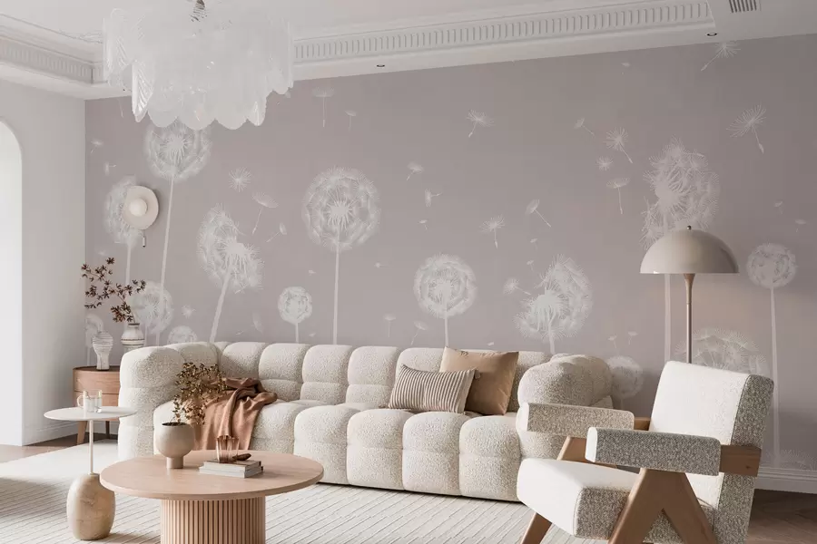 Murales de pared Un campo de dientes de león con un fondo moteado claro de color beige w00657 murales de pared Un campo de dientes de león con un fondo moteado claro de color beige w00657