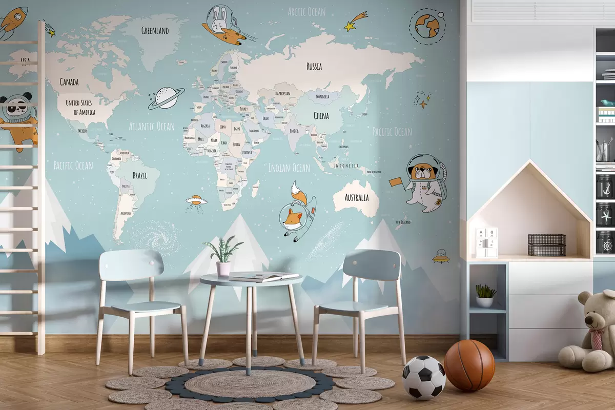 murales de pared Mapa de países del mundo con animales astronautas. w00066