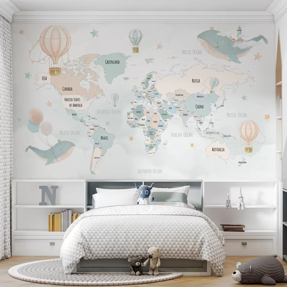 murales de pared Mapa del mundo con ballenas y globos w00680