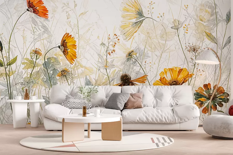 murales de pared Un campo de flores vibrantes sobre un fondo suave y brumoso con delicadas flores blancas y hierba tenue w00708