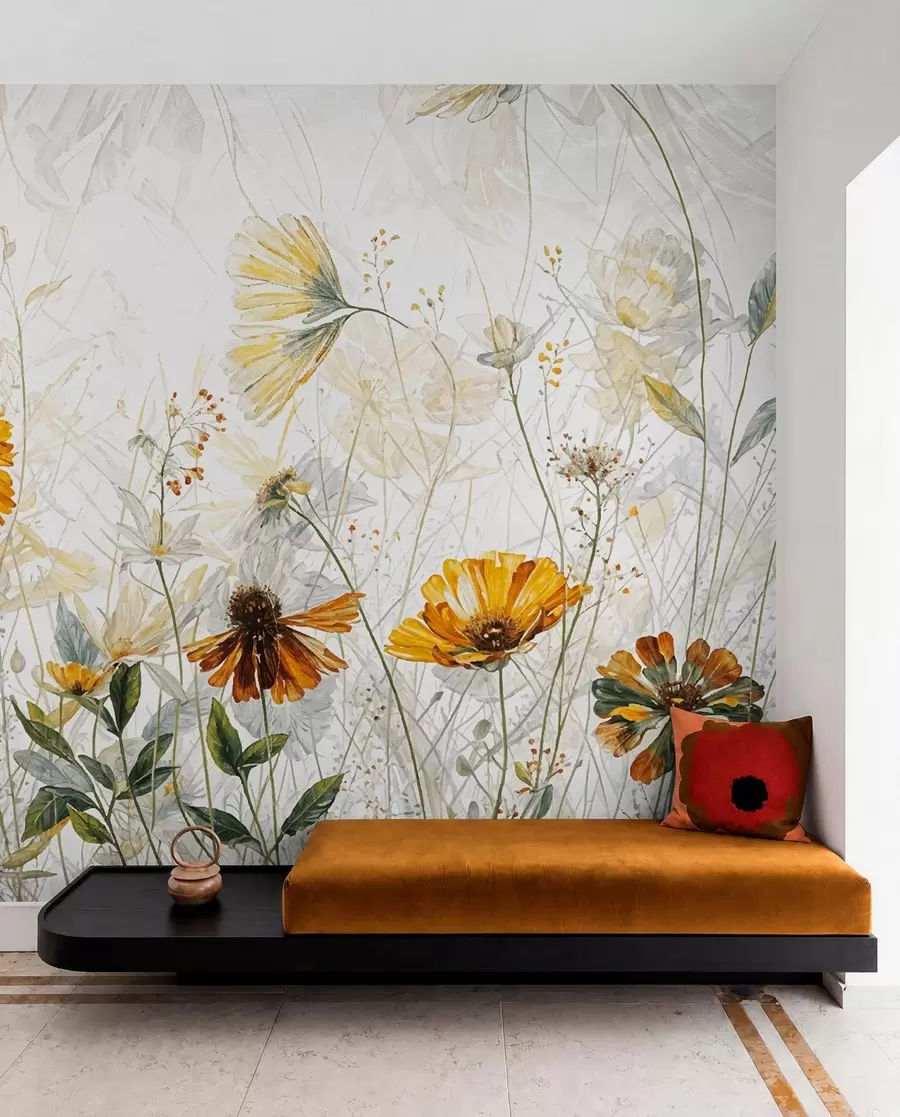 murales de pared Un campo de flores vibrantes sobre un fondo suave y brumoso con delicadas flores blancas y hierba tenue w00708