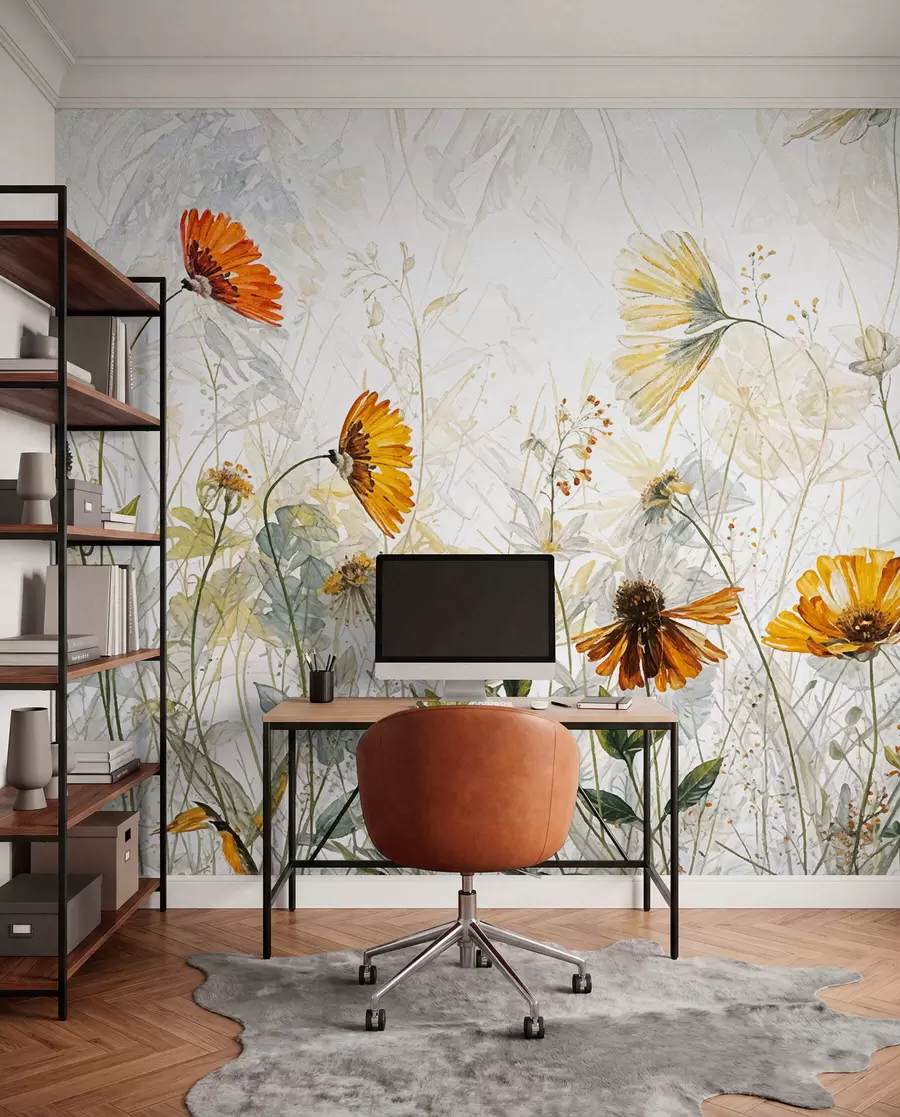 murales de pared Un campo de flores vibrantes sobre un fondo suave y brumoso con delicadas flores blancas y hierba tenue w00708