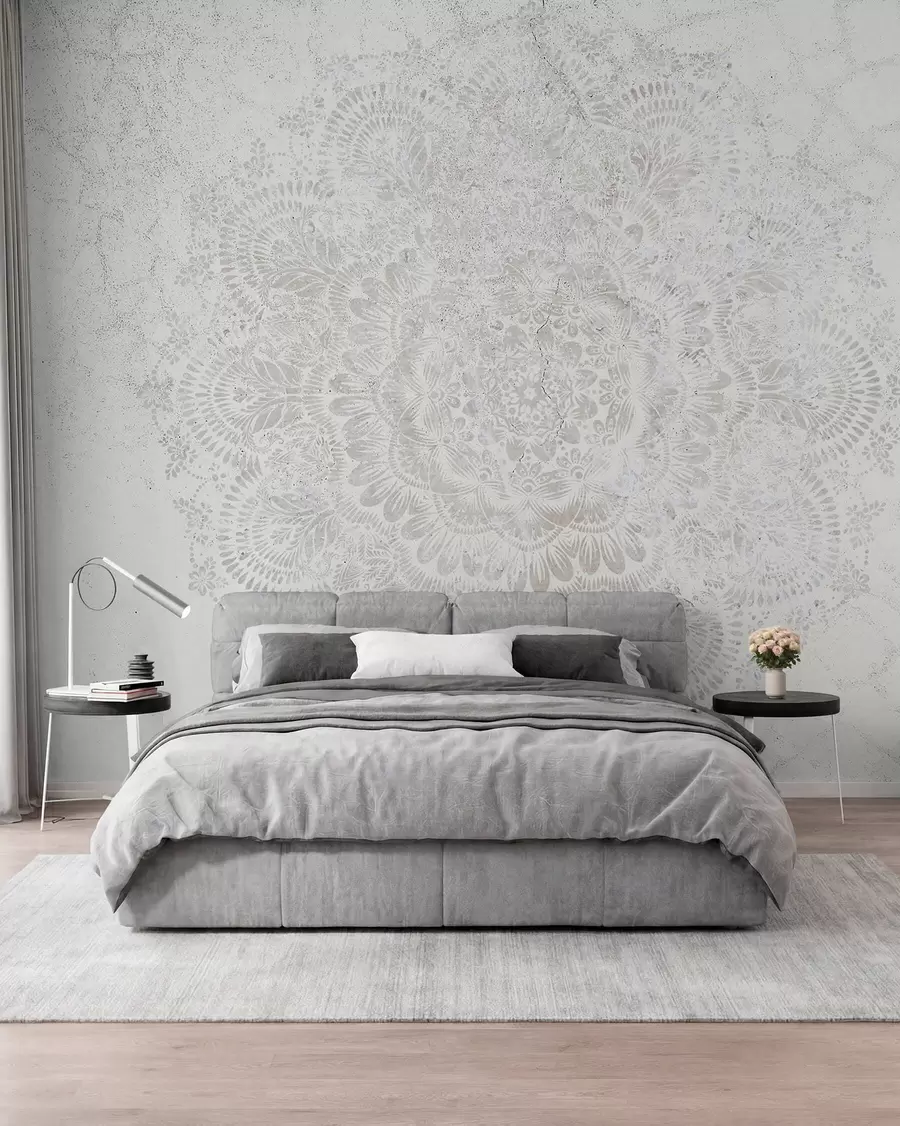 murales de pared Mandala, patrón de encaje blanco con motivos florales y circulares, creando un diseño delicado e intrincado w00737