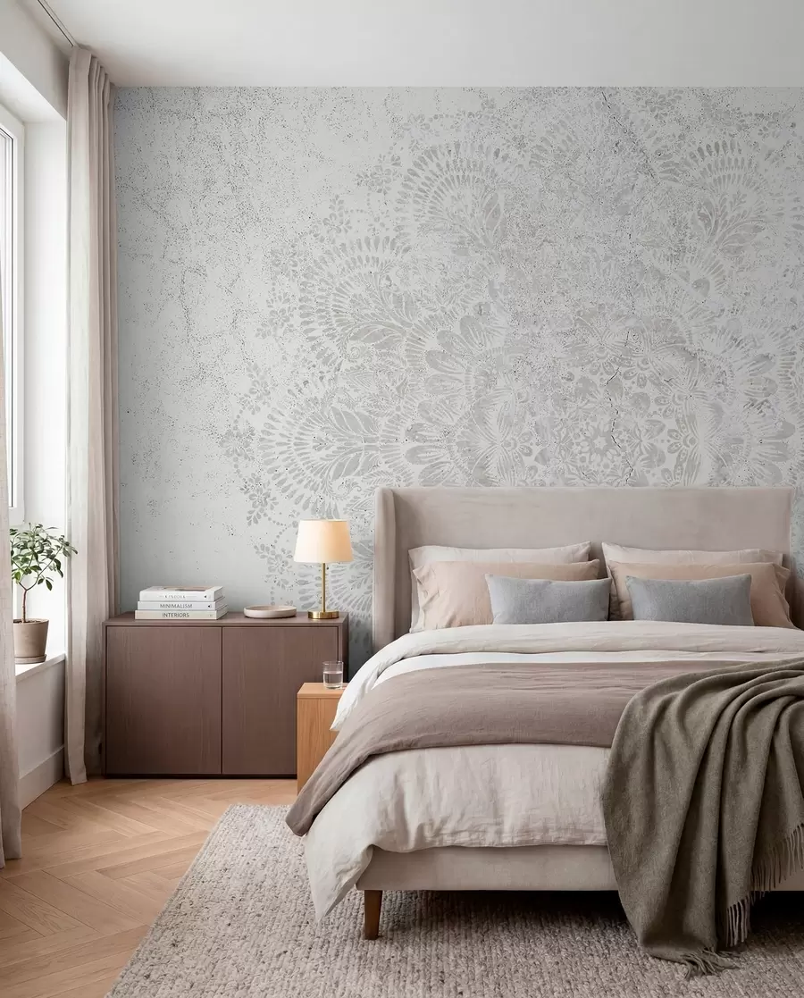 murales de pared Mandala, patrón de encaje blanco con motivos florales y circulares, creando un diseño delicado e intrincado w00737