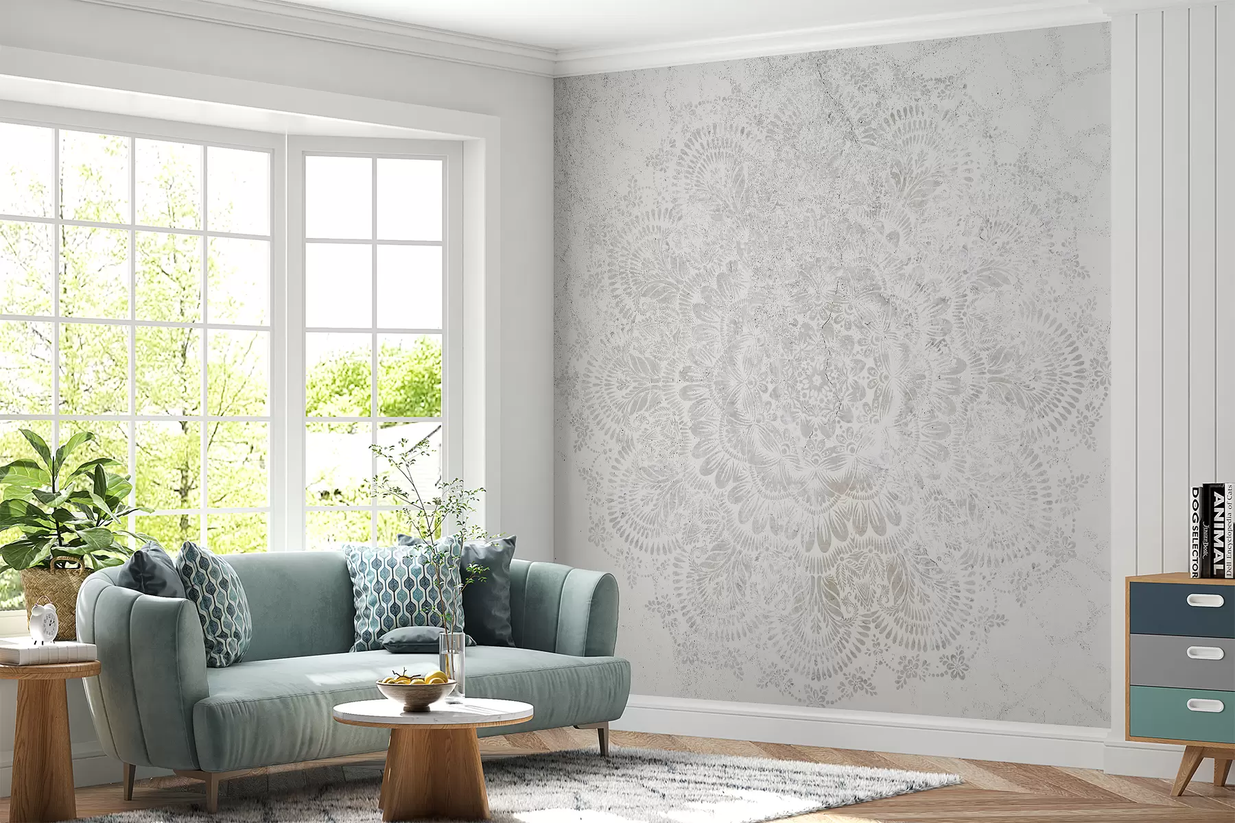 murales de pared Mandala, patrón de encaje blanco con motivos florales y circulares, creando un diseño delicado e intrincado w00737