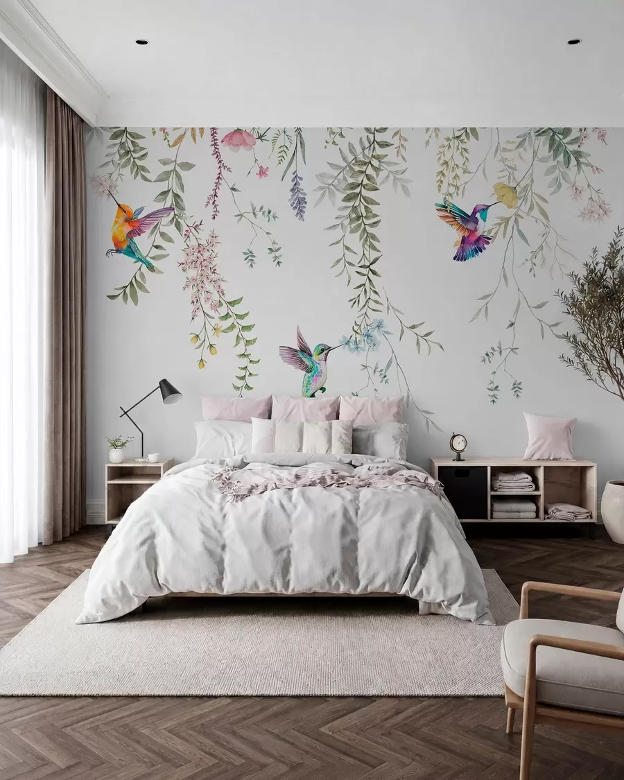 murales de pared Flores y hojas colgantes y hermosos colibríes w00660