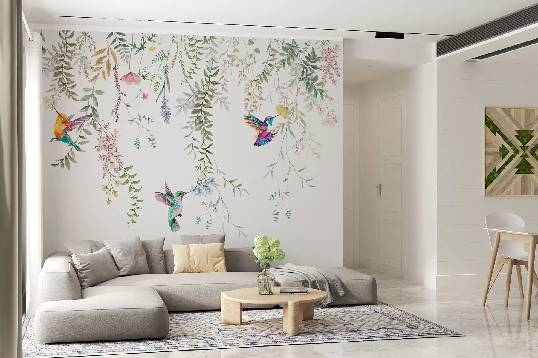 murales de pared Flores y hojas colgantes y hermosos colibríes. w00660