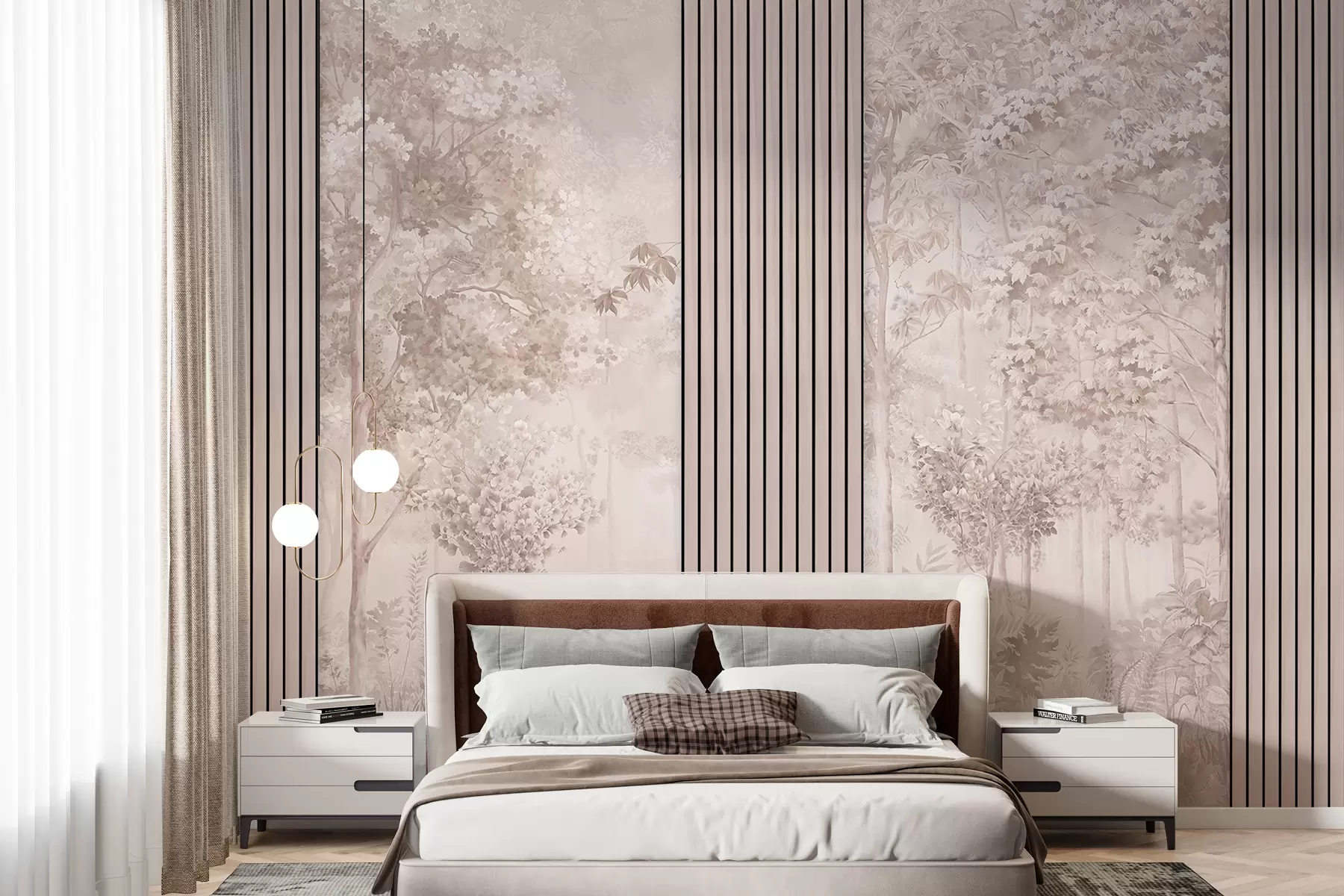 murales de pared Paneles de madera y delicado bosque en tonos rosas w00670v1