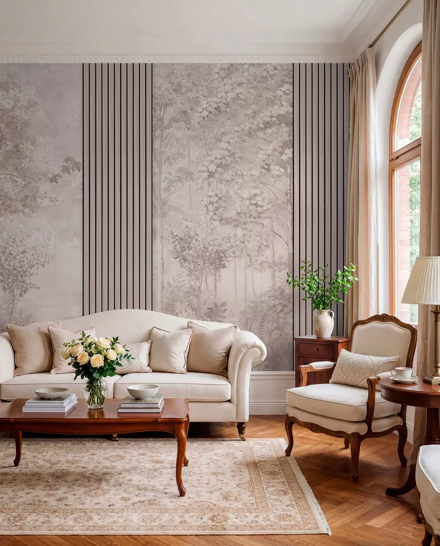 murales de pared Paneles de madera y delicado bosque en tonos rosas w00670v1