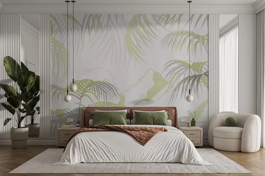 murales de pared Hojas y ramas de una palmera sobre un fondo de montañas, color gris y amarillo verdoso, trópicos, paisaje w00747v2