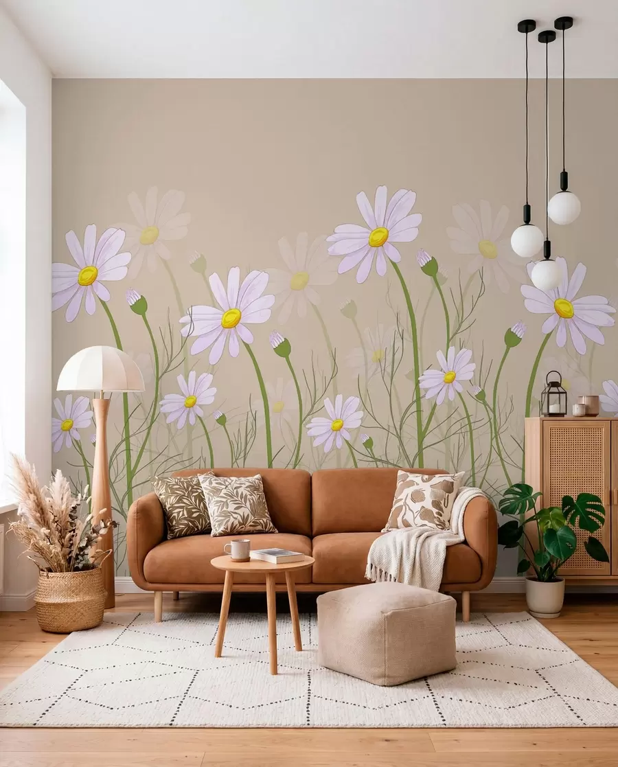 murales de pared grandes margaritas sobre fondo beige w00802