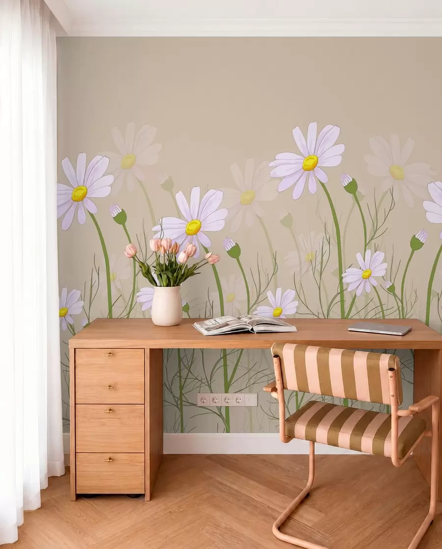 murales de pared grandes margaritas sobre fondo beige w00802