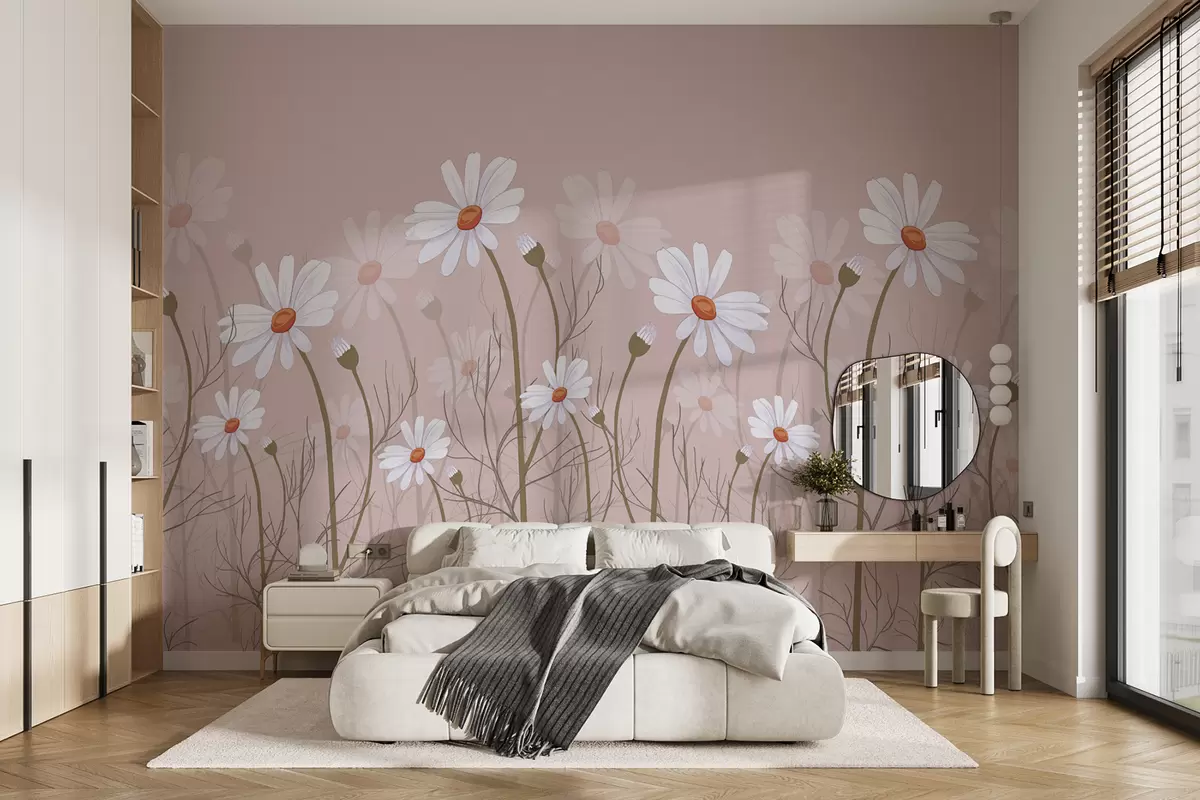 murales de pared margaritas grandes sobre un fondo rosa w00802v1