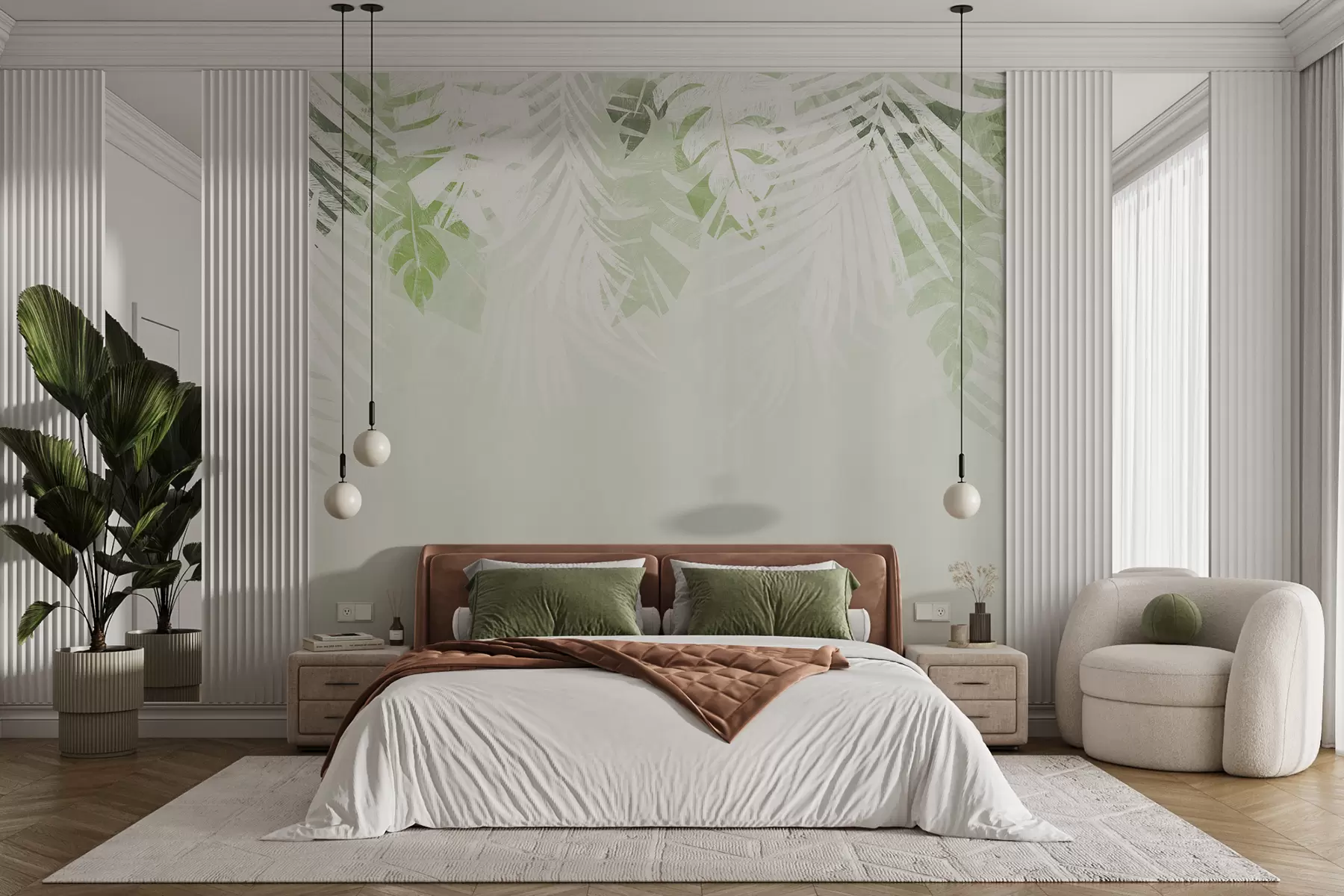 murales de pared Follaje tropical y ramitas, color blanco y verde. w00793
