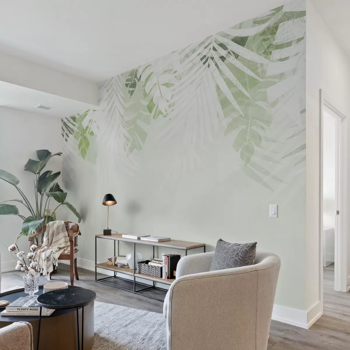 murales de pared Follaje tropical y ramitas, color blanco y verde. w00793