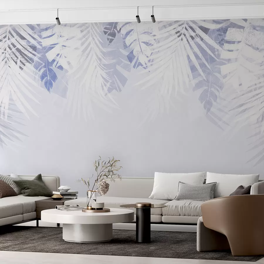 Murales de pared Follaje tropical y ramitas, color blanco y azul. w00793v1 murales de pared Follaje tropical y ramitas, color blanco y azul. w00793v1