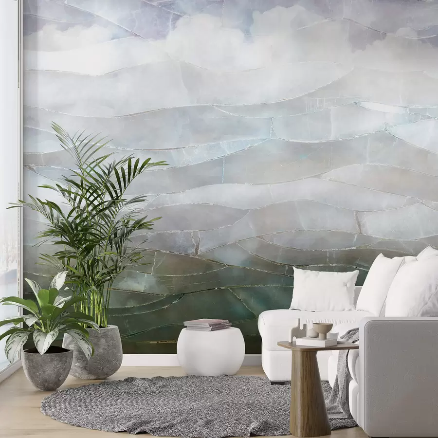 murales de pared Paisaje texturizado de gradiente abstracto, montañoso y brumoso con campos verdes ondulados a través de la niebla w00795