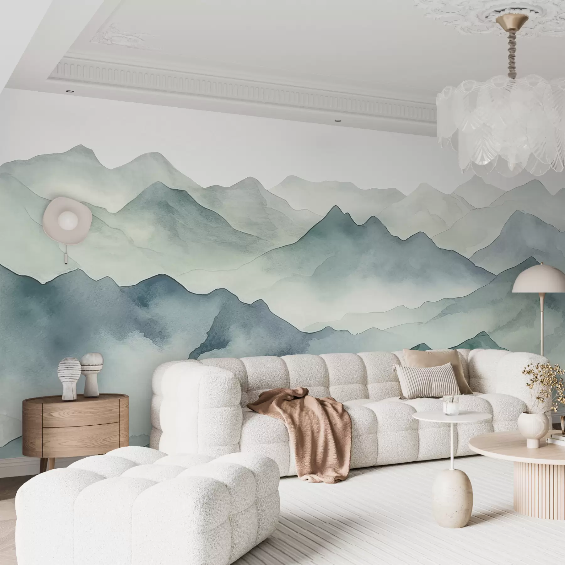 murales de pared Picos y pasos de montaña, acuarela, paisaje, paisaje, azul, color gris w00841