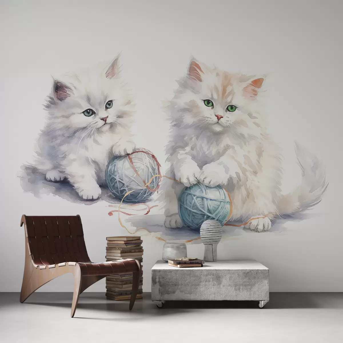 murales de pared Gatos blancos y esponjosos con una bola de hilo azul, acuarela w00843