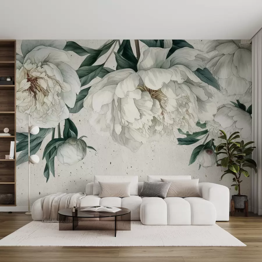 murales de pared Peonías grandes blancas con hojas verdes sobre un fondo de textura clara w00837