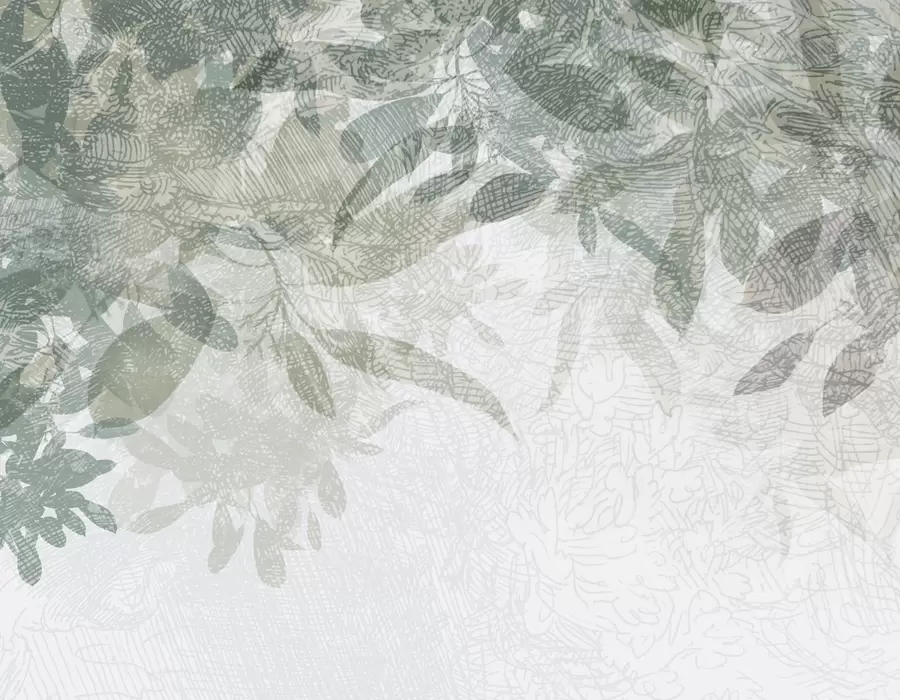 murales de pared Hojas suaves y borrosas en tonos verdes y grises sobre un fondo de dibujo de textura clara w00854