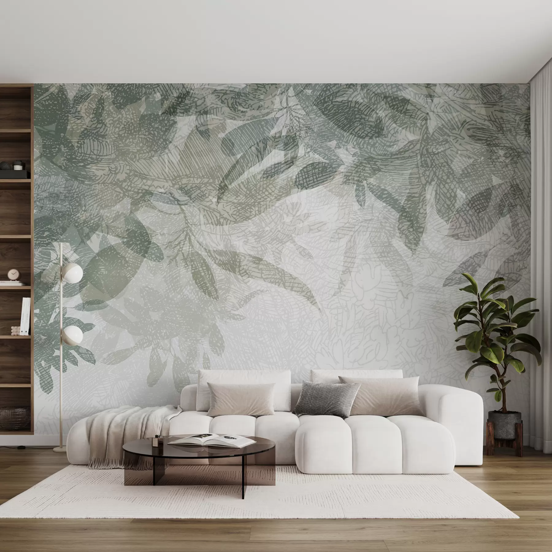 Murales de pared Hojas suaves y borrosas en tonos verdes y grises sobre un fondo de dibujo de textura clara w00854 murales de pared Hojas suaves y borrosas en tonos verdes y grises sobre un fondo de dibujo de textura clara w00854