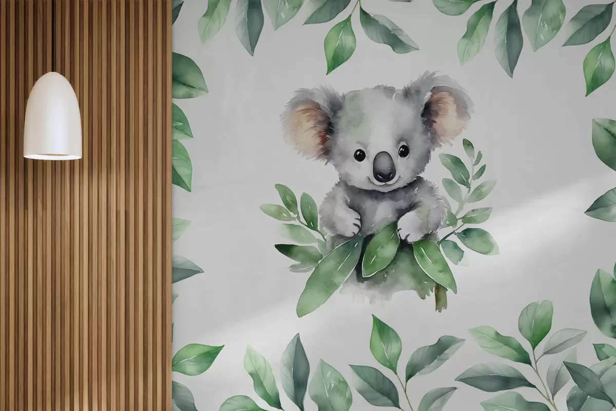 murales de pared Koala se sienta en una rama entre hojas acuarela w00885