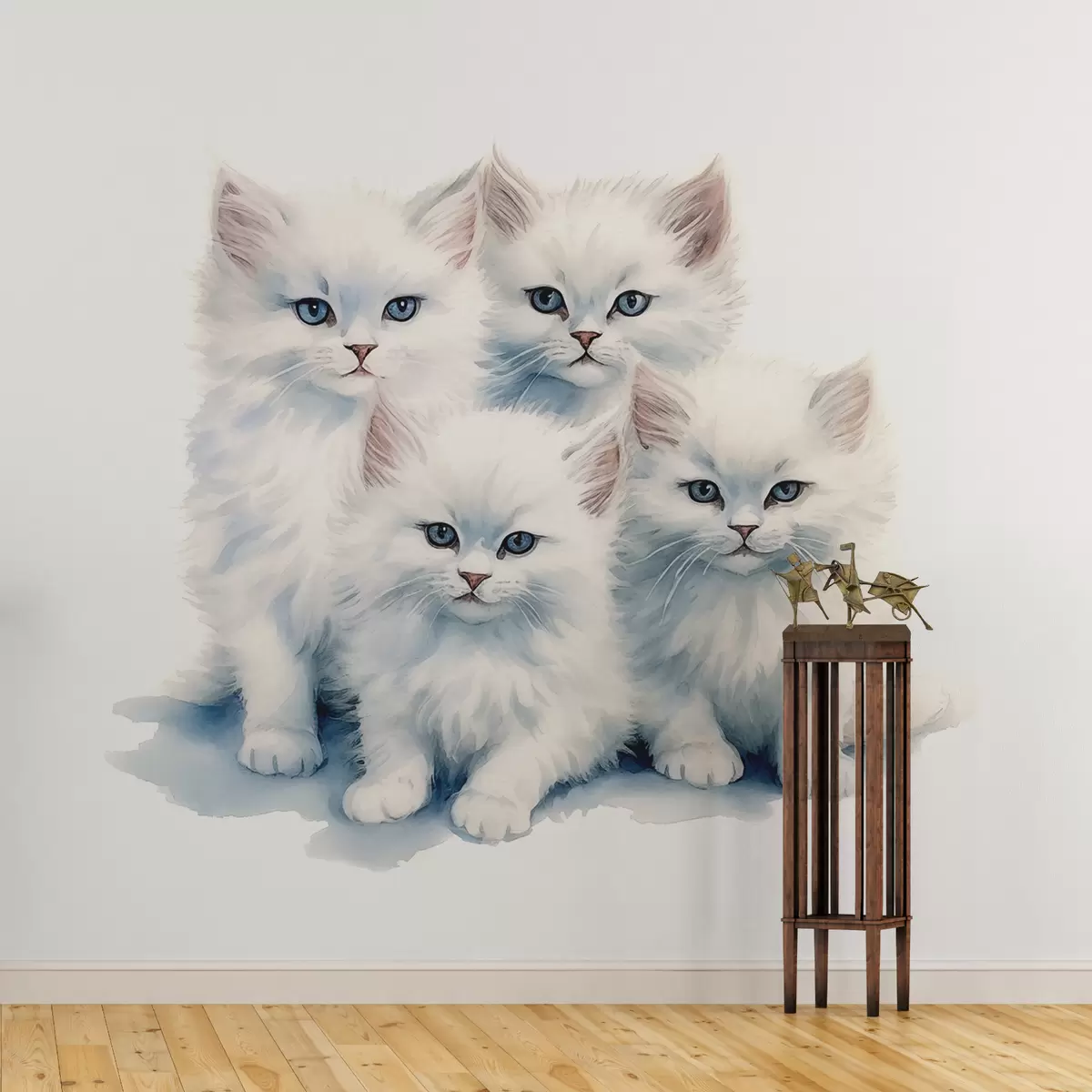 murales de pared Gatos blancos esponjosos con ojos azules sentados en acuarela w00886