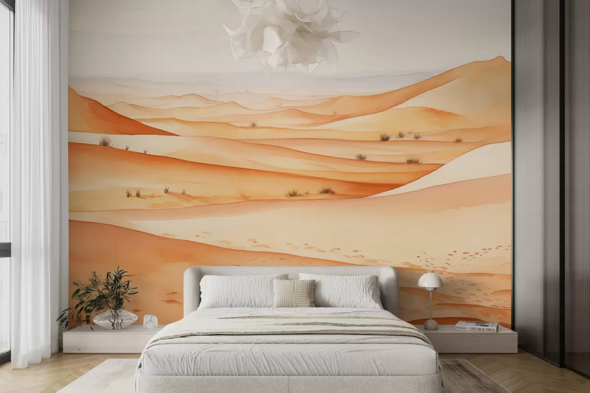 murales de pared Dunas en el desierto, paisaje acuático de arena, color azul y naranja w00892
