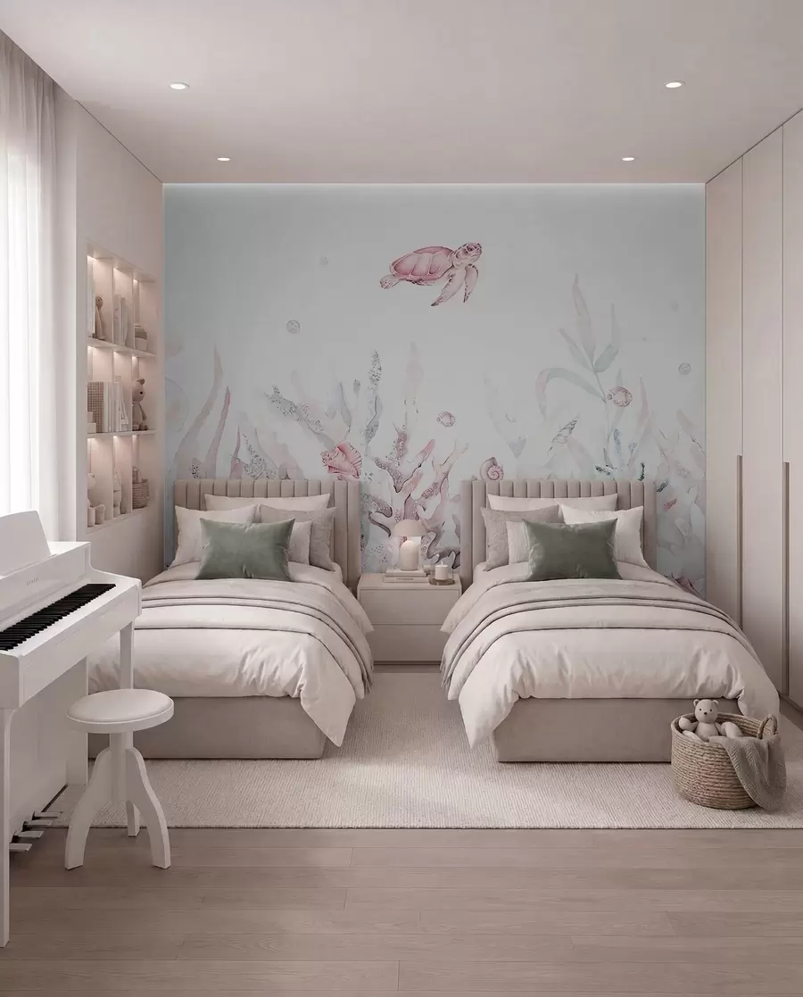 murales de pared Corales marinos acuarela, conchas marinas, tortugas, vida marina, colores rosas suaves w00849v2