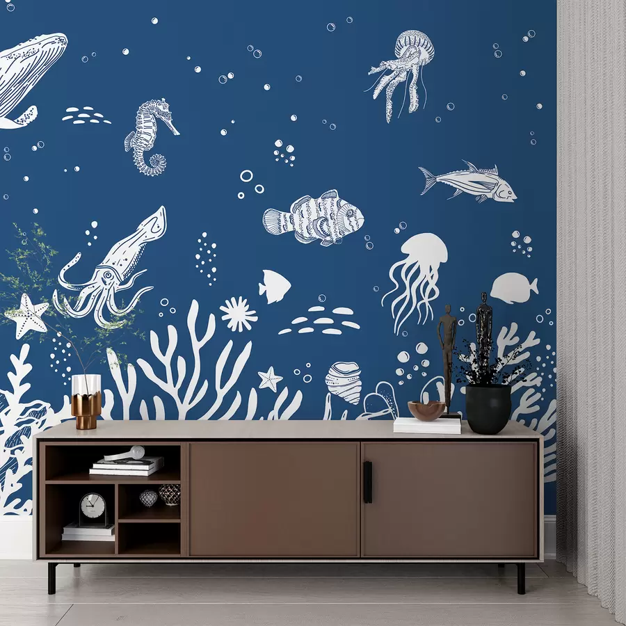 murales de pared Vida marina, peces, ballenas, pulpos, medusas, corales, vida marina, color azul oscuro w00850v4