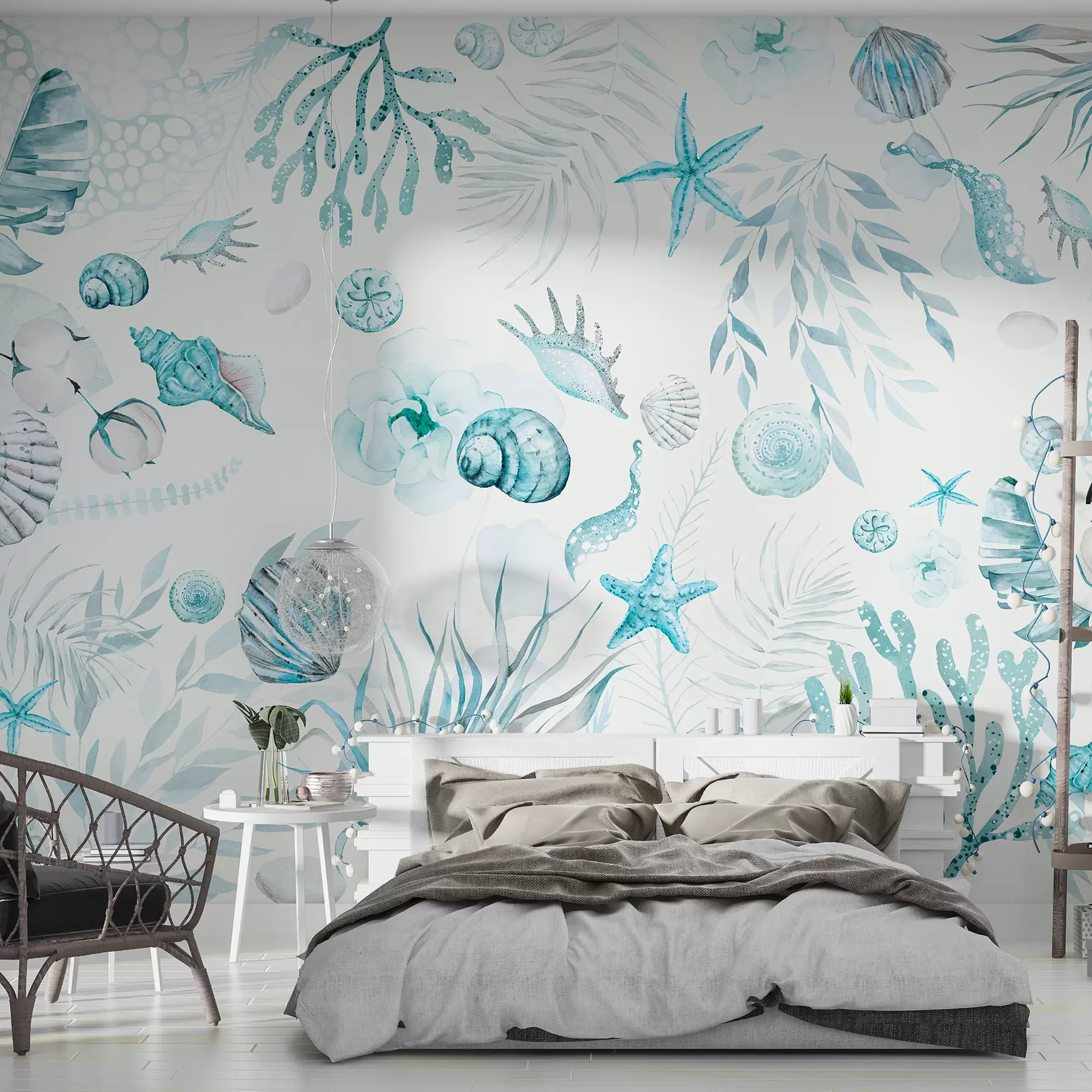 murales de pared Patrón marino acuarela, estilo boho, conchas marinas, corales, algodón, colores azules w00851v1