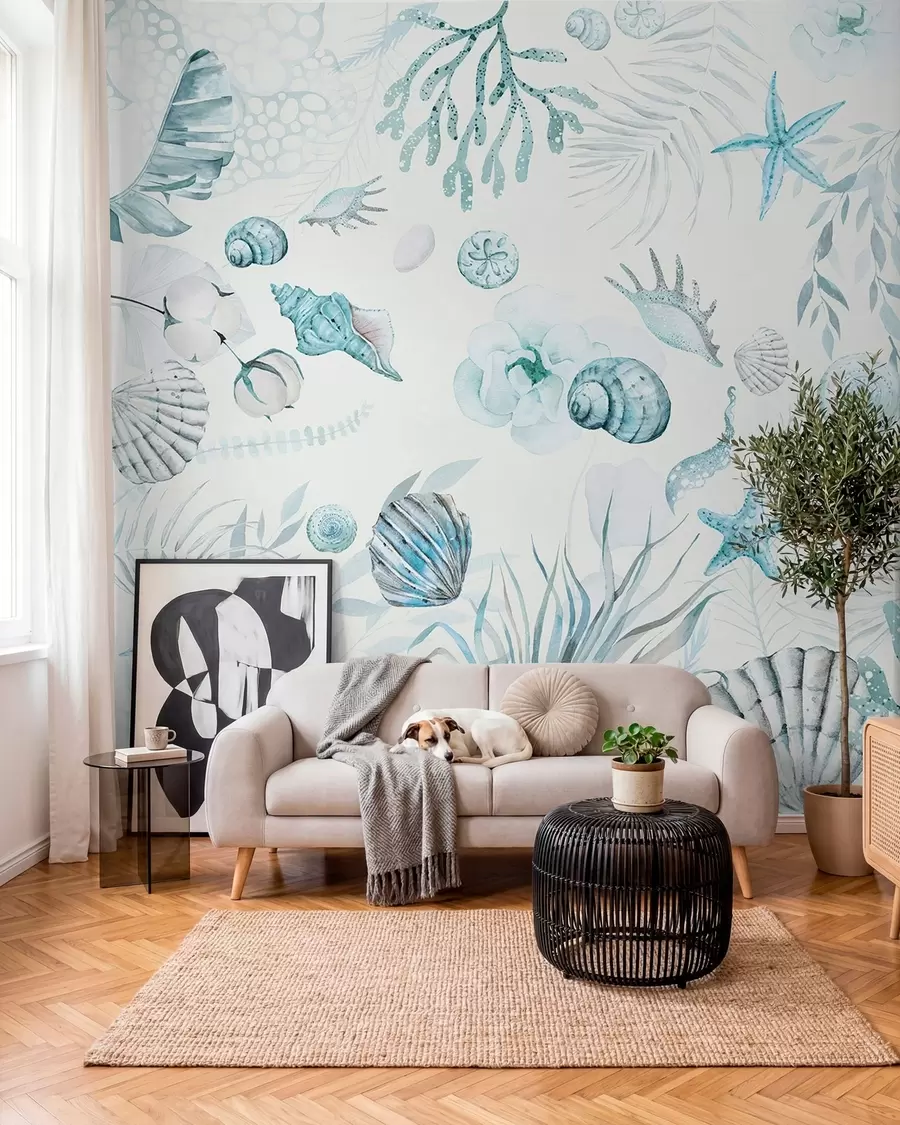 murales de pared Patrón marino acuarela, estilo boho, conchas marinas, corales, algodón, colores azules w00851v1
