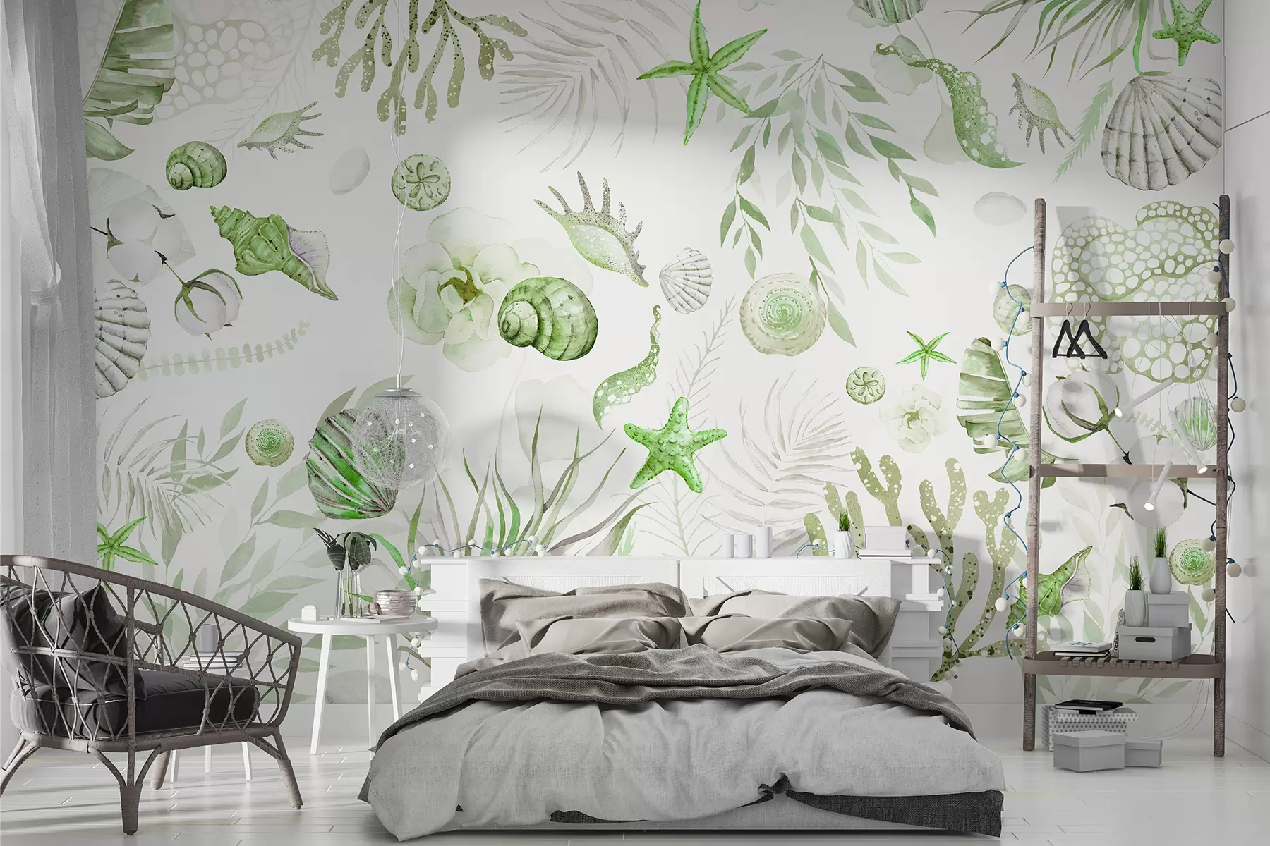 murales de pared Patrón marino acuarela, estilo boho, conchas marinas, corales, algodón, colores verdes w00851v2