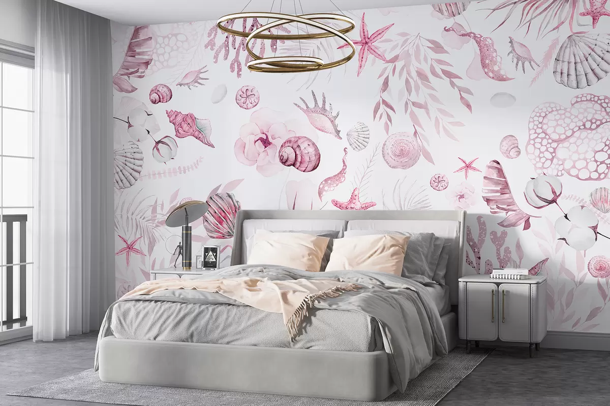 murales de pared Patrón marino acuarela, estilo boho, conchas marinas, corales, algodón, colores rosados w00851v3