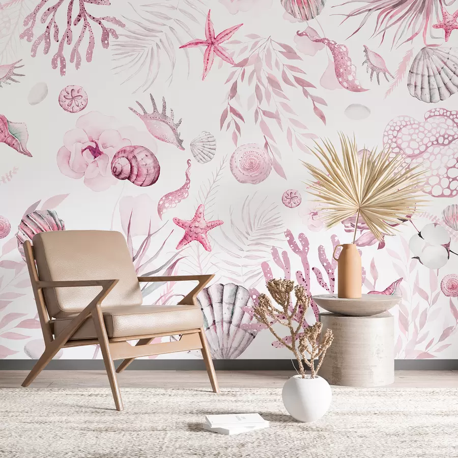 murales de pared Patrón marino acuarela, estilo boho, conchas marinas, corales, algodón, colores rosados w00851v3