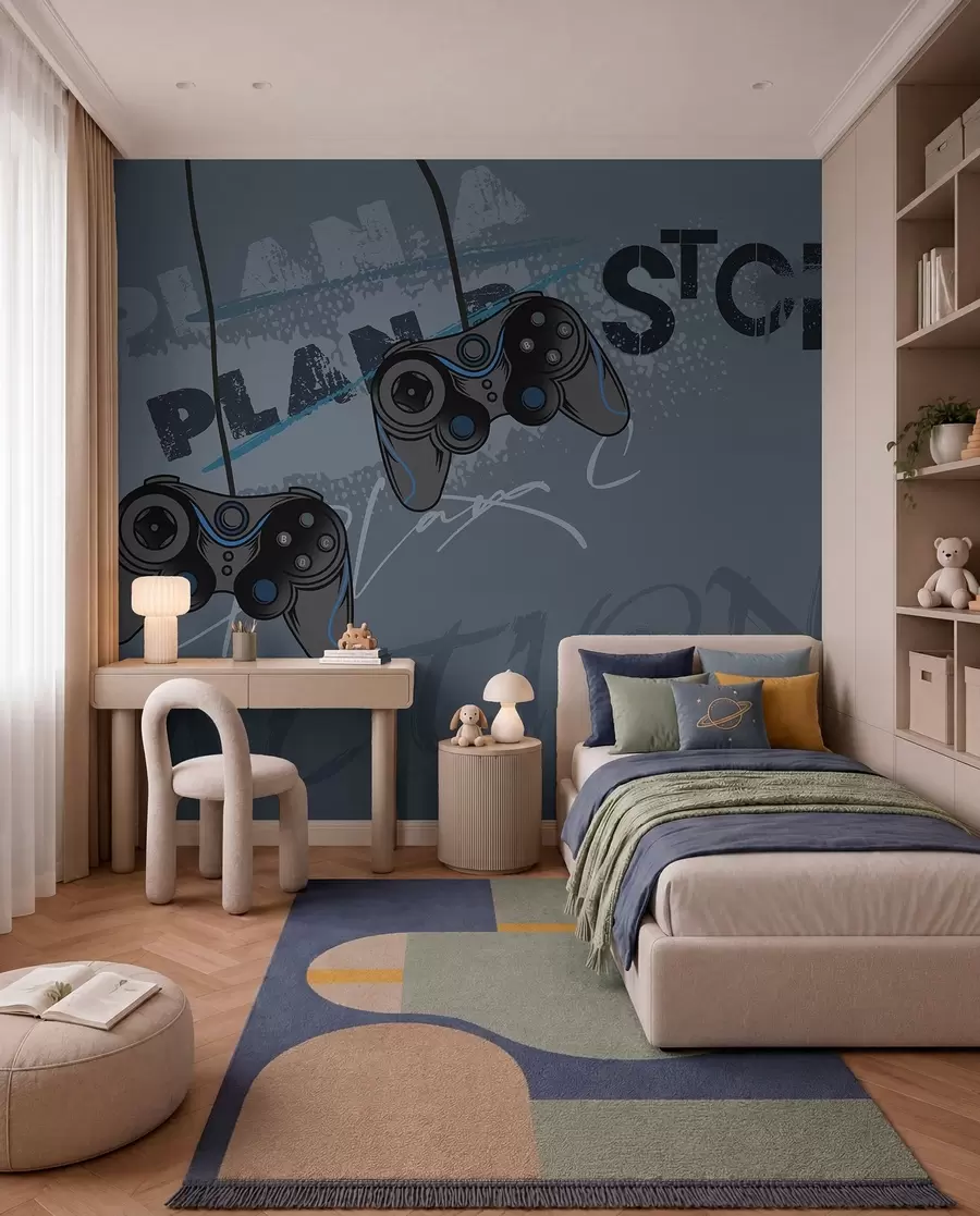 murales de pared Papel pintado infantil para adolescente con joysticks y letras gráficas en azul w00829