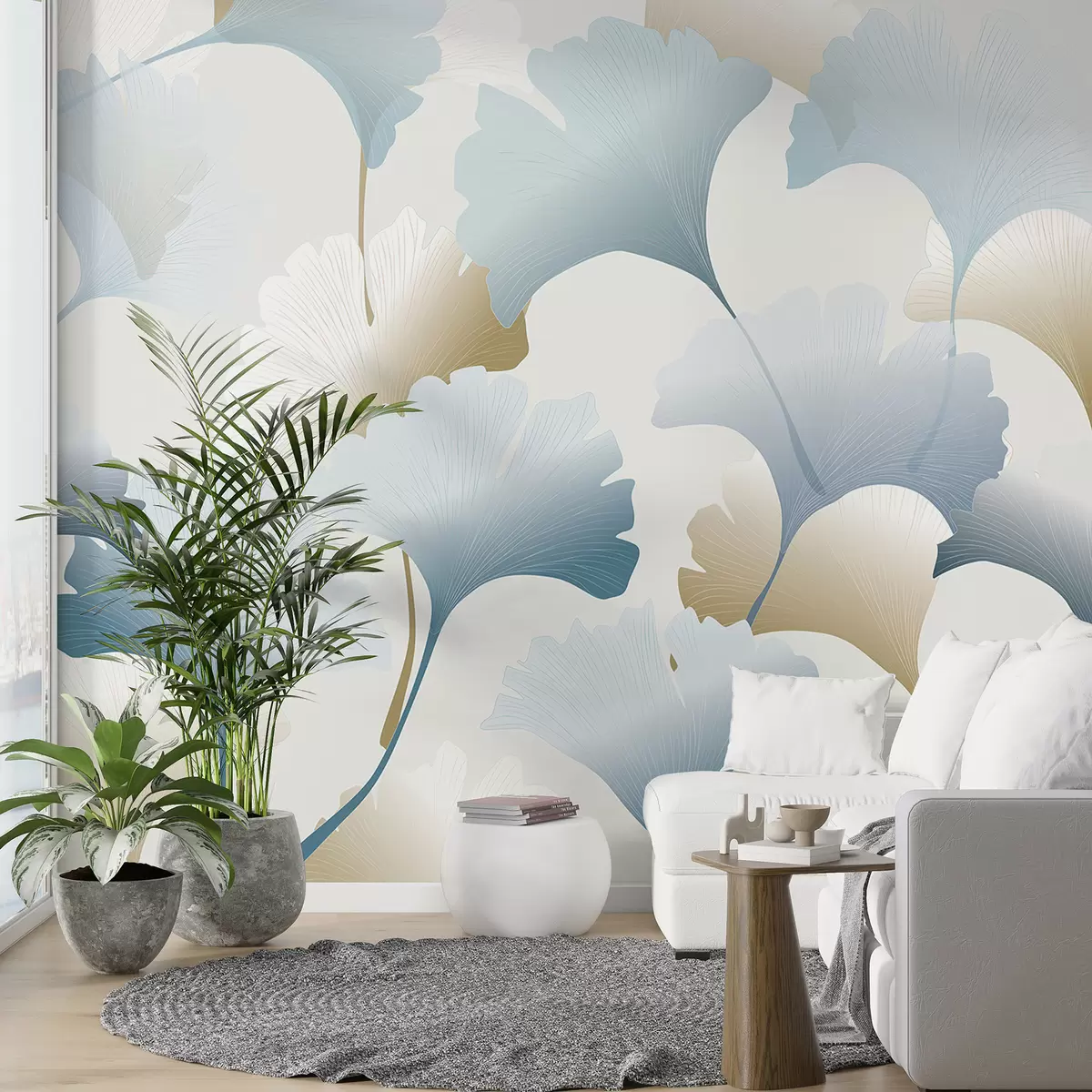 Murales de pared Hojas de congo azules y beige. w00877 murales de pared Hojas de congo azules y beige. w00877