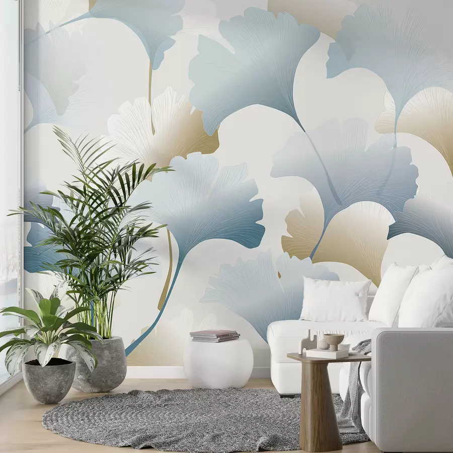 Murales de pared Hojas de congo azules y beige. w00877 murales de pared Hojas de congo azules y beige. w00877