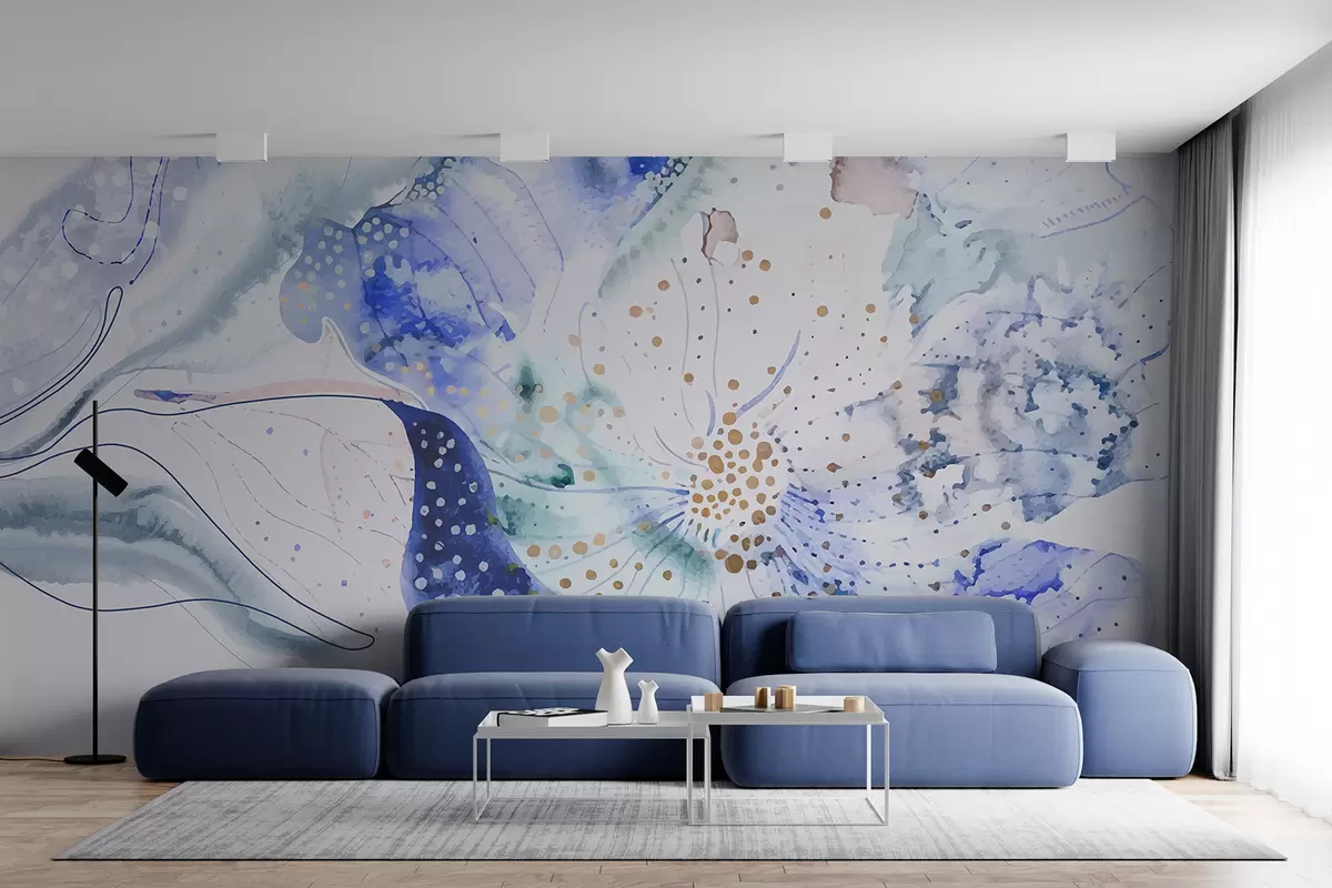 Murales de pared Flor de pintura de acuarela de textura abstracta en tonos de azul, morado y blanco w00897 murales de pared Flor de pintura de acuarela de textura abstracta en tonos de azul, morado y blanco w00897