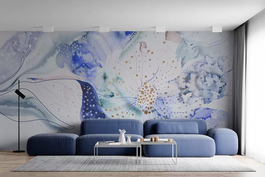 Murales de pared Flor de pintura de acuarela de textura abstracta en tonos de azul, morado y blanco w00897 murales de pared Flor de pintura de acuarela de textura abstracta en tonos de azul, morado y blanco w00897