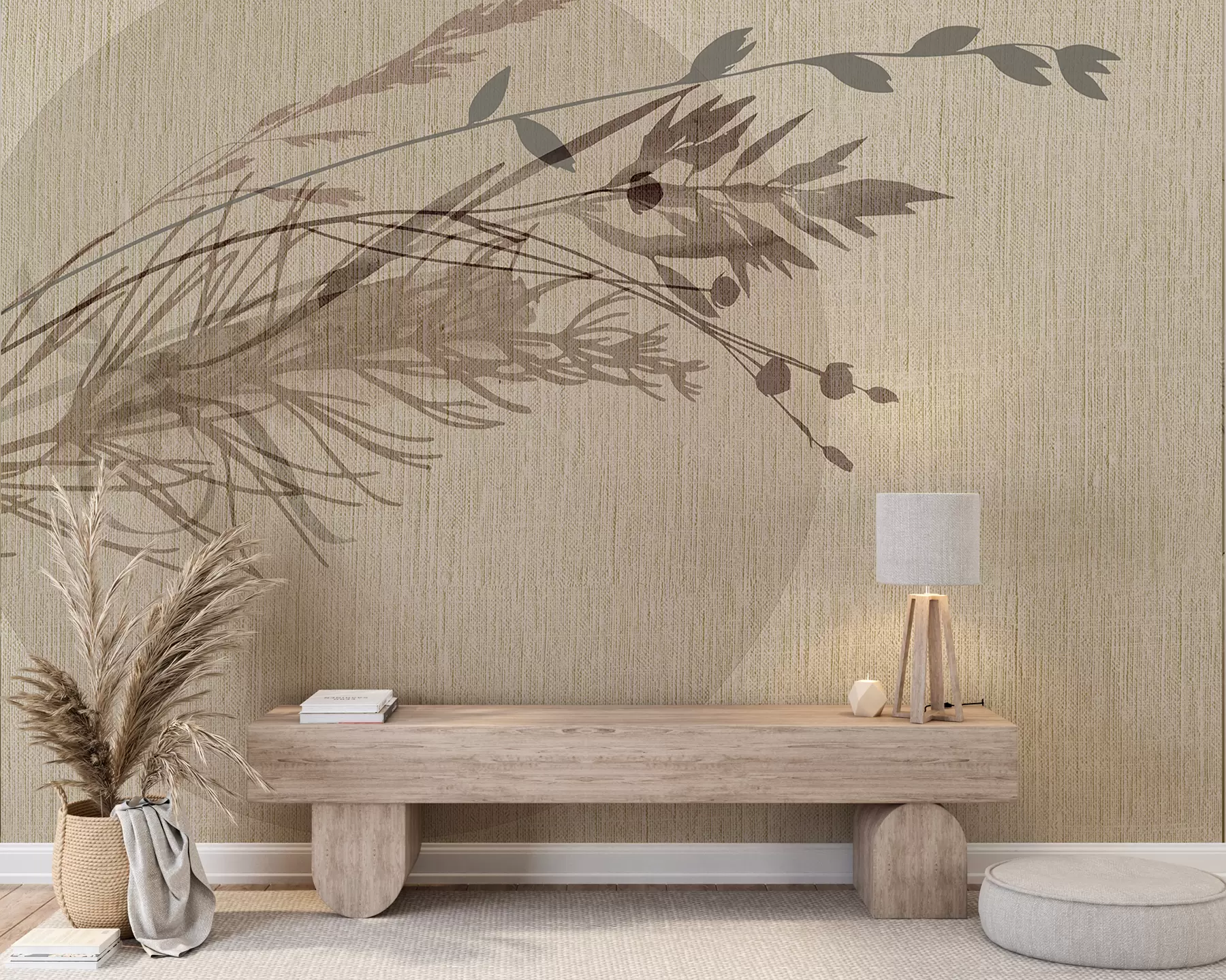 murales de pared Una ilustración minimalista de una forma circular con elementos abstractos parecidos a plantas en tonos tierra apagados w00902