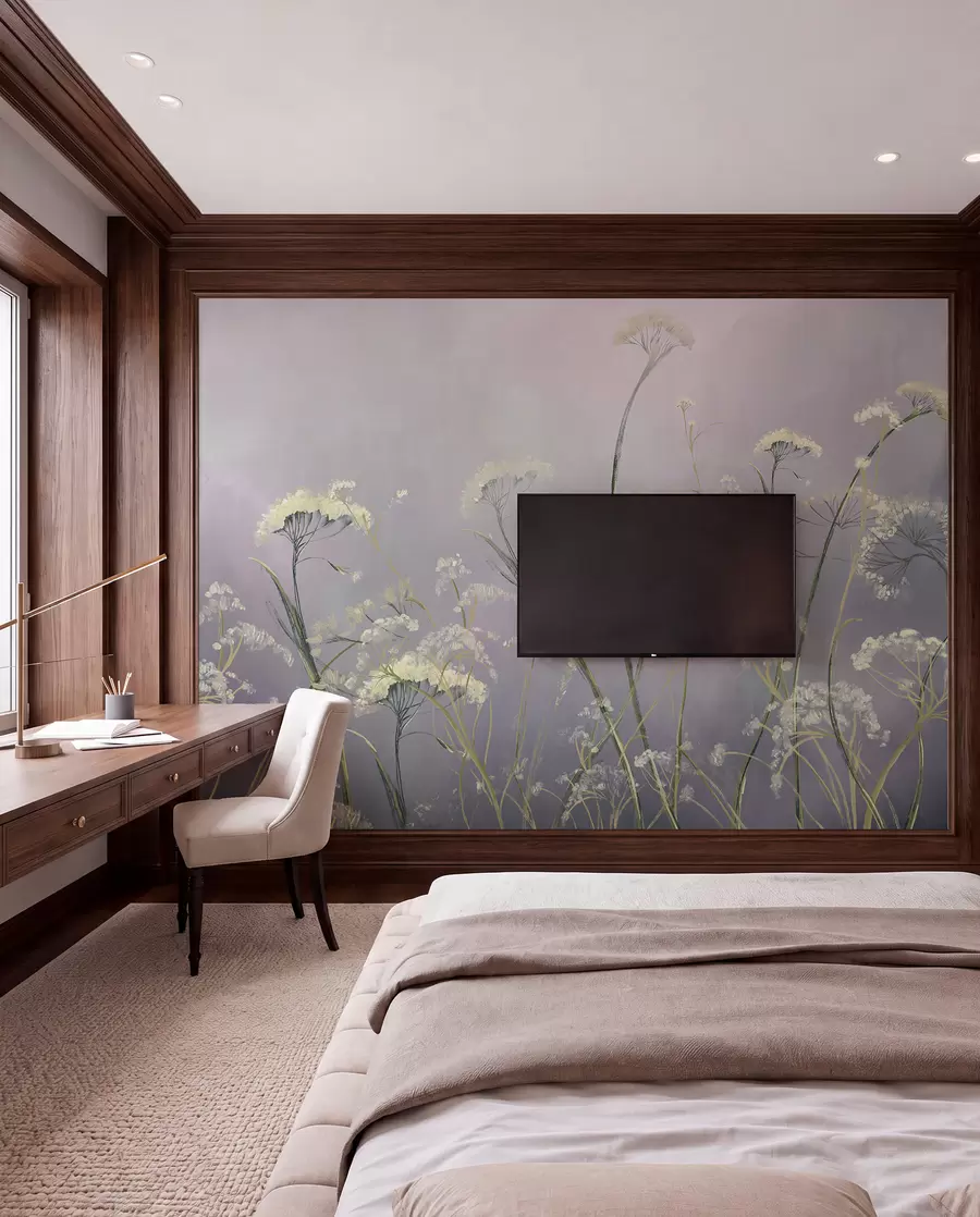 murales de pared Flores silvestres blancas en un campo brumoso con un fondo gris suave y borroso w00903