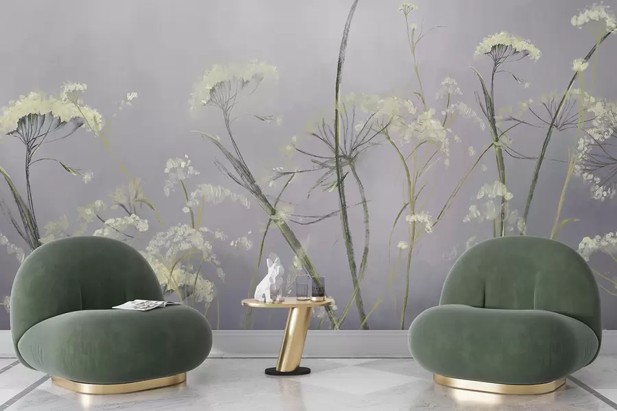 murales de pared Flores silvestres blancas en un campo brumoso con un fondo gris suave y borroso w00903