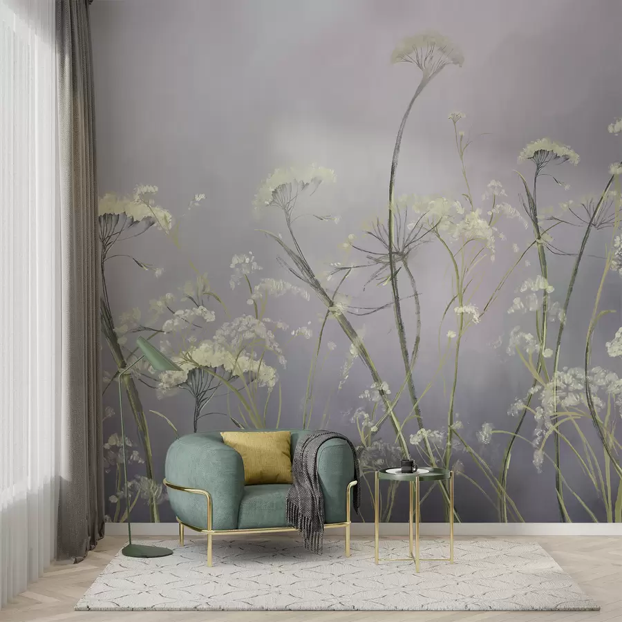 murales de pared Flores silvestres blancas en un campo brumoso con un fondo gris suave y borroso w00903
