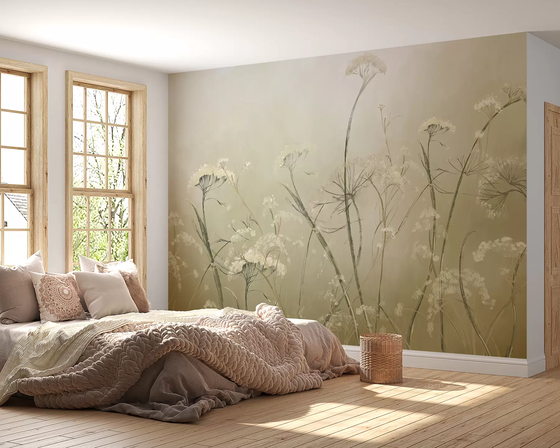 murales de pared Flores silvestres blancas en un campo brumoso con un fondo sepia suave y borroso w00903v1