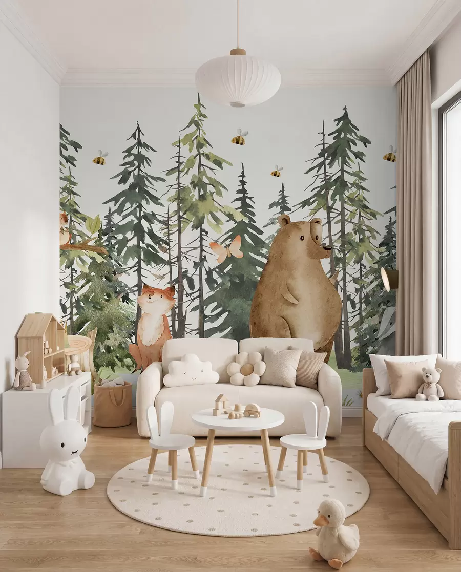 murales de pared Una escena de bosque con animales y varios pinos al fondo w00905