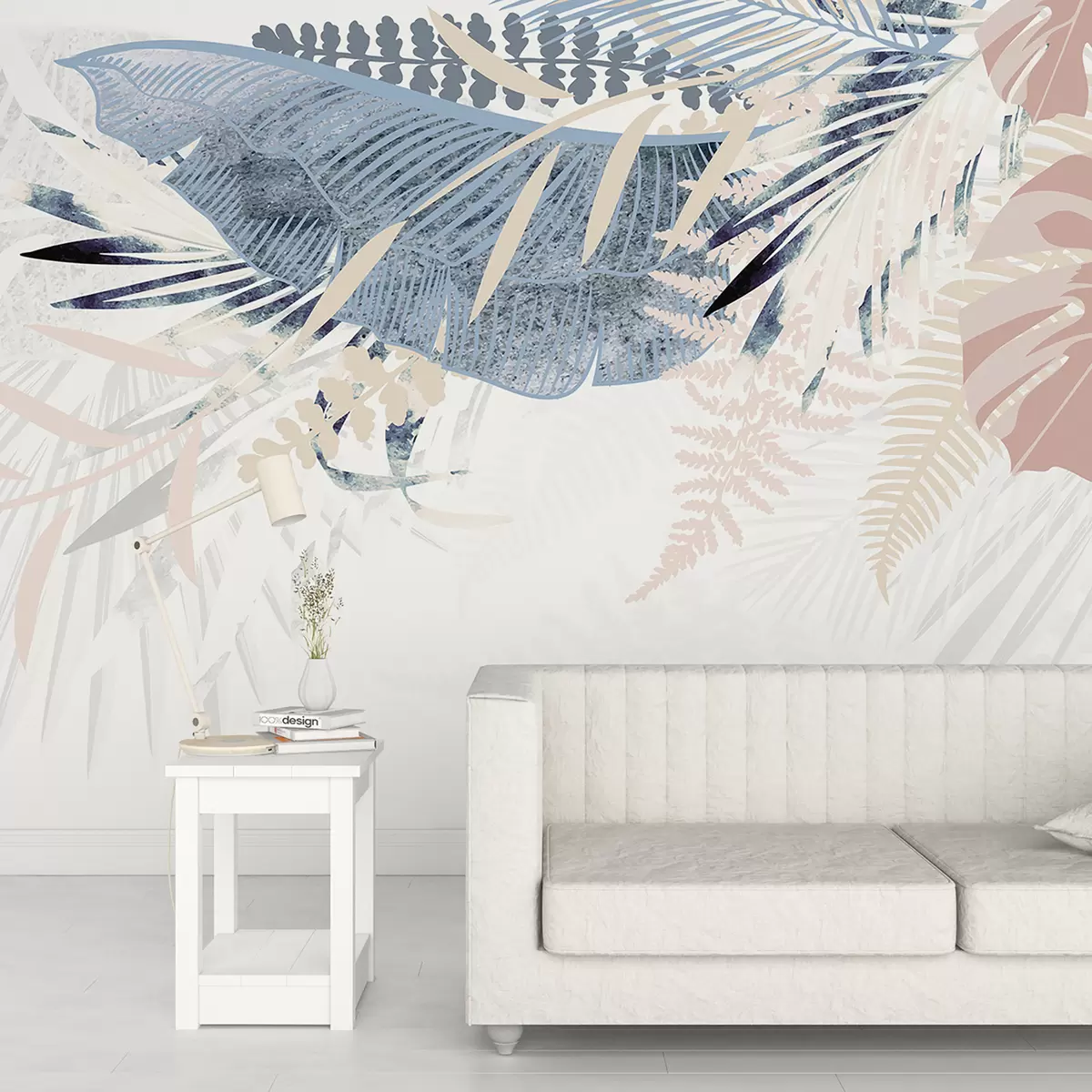 murales de pared Diseño botánico moderno con textura tropical de hojas de palma con varios tonos de azul, gris y rosa. w00908