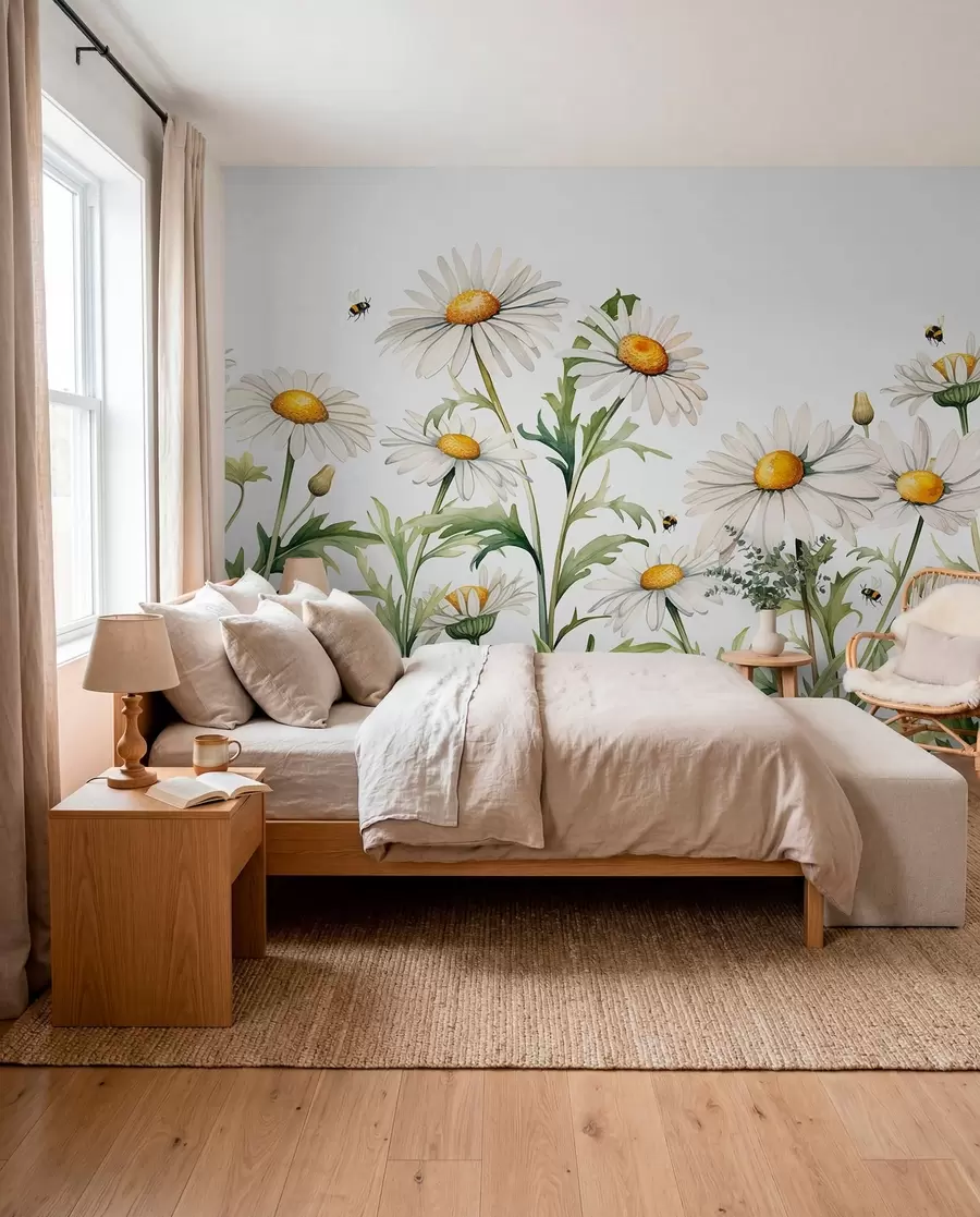 murales de pared Margaritas blancas floreciendo, abejas volando ilustración de plantas acuáticas, color verde, blanco y amarillo w01176