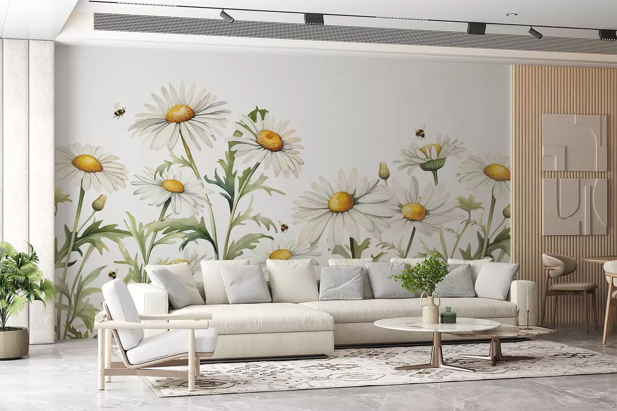 murales de pared Margaritas blancas floreciendo, abejas volando ilustración de plantas acuáticas, color verde, blanco y amarillo w01176
